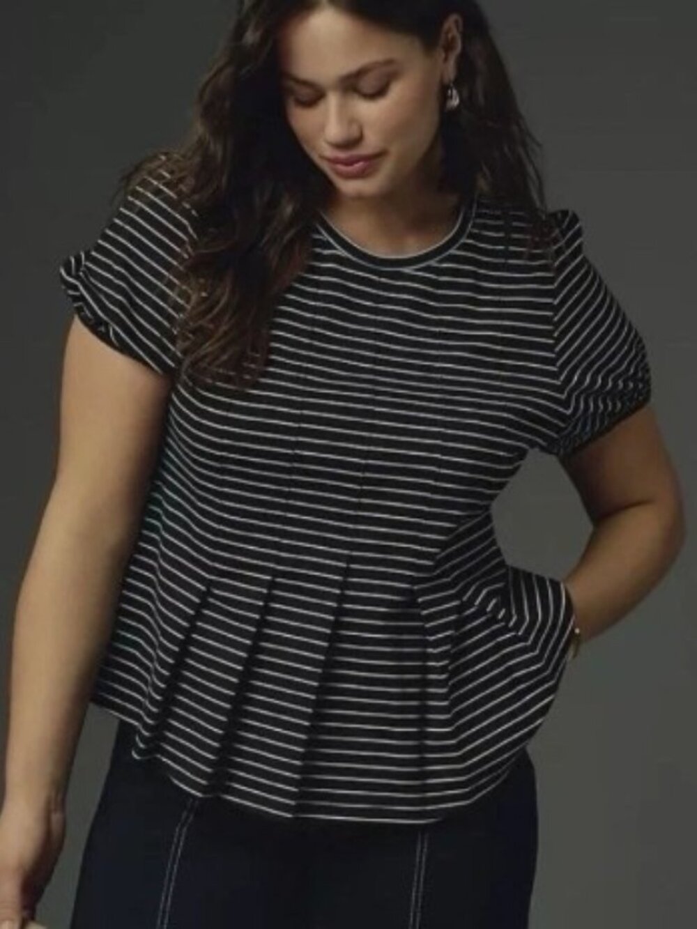 Maeve by Anthropologie Women's Medium Black & White Striped Corset Peplum Top